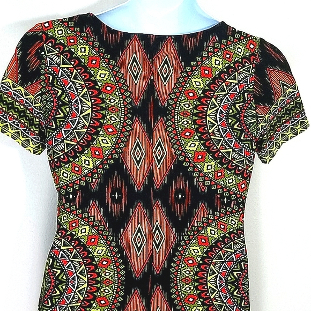 Riley Dress short sleeve Sheath bodycon neon stretch orange yellow black geometr - Picture 8 of 9